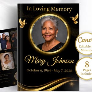Peut inclure: Livret commémoratif noir et or. La couverture présente un portrait dans un cadre doré, le texte "In Loving Memory" et le nom "Mary Johnson". Le livret comprend également les dates de naissance et de décès, et le texte "Canva Modifiable en quelques minutes."