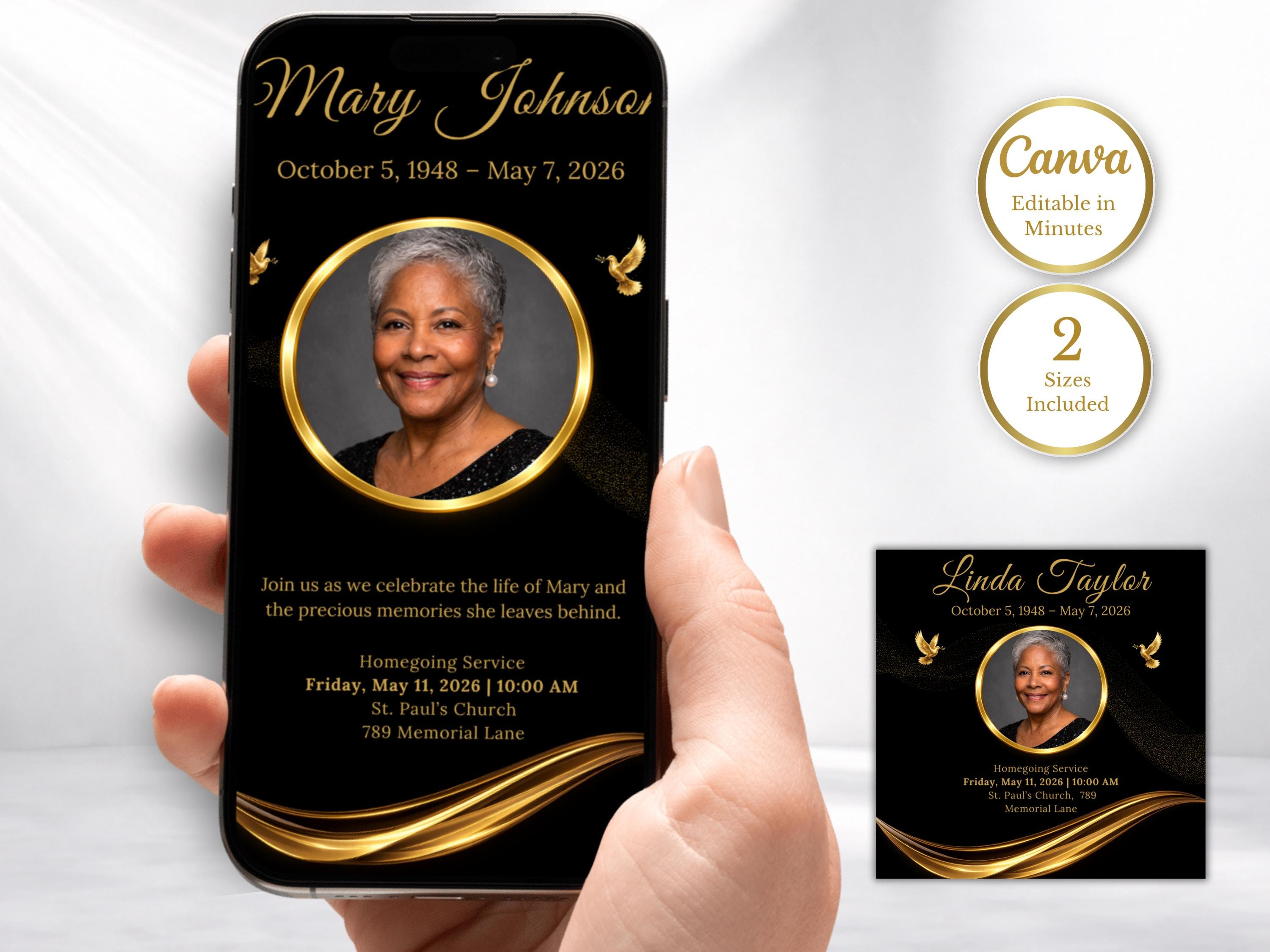 Editable Funeral Invitation Template Black Gold Canva Obituary Invite ...