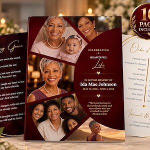 May include: A funeral program booklet featuring a deep red and gold design with multiple photographs of a person. The text includes "Celebrating a Beautiful Life," "In Loving Memory of Ida Mae Johnson," "Amazing Grace," and "10 Pages Included."