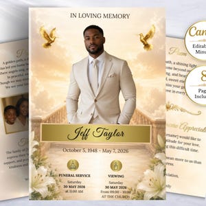 Könnte beinhalten: Eine Trauerprogramm-Vorlage mit einem Porträt einer Person im beigen Anzug, dem Text IN LOVING MEMORY, Jeff Taylor, 5. Oktober 1948 - 7. Mai 2026 und Service-Details. Das Design zeigt goldene Tauben, weiße Lilien und einen Treppenhintergrund.
