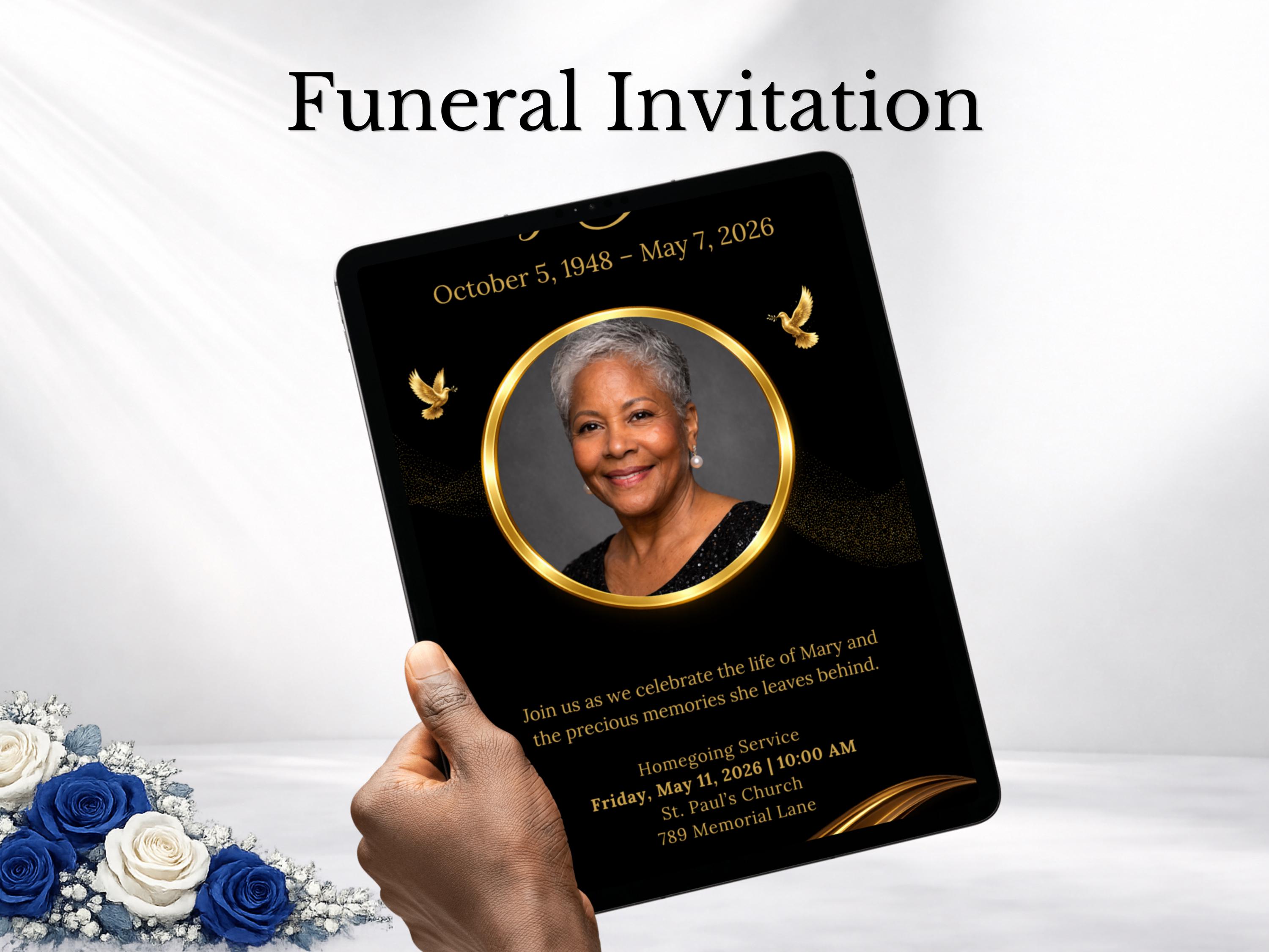 Editable Funeral Invitation Template Black Gold Canva Obituary Invite ...