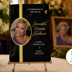 May include: A black funeral program with gold accents featuring a portrait of a person in a purple top. Text reads: A CELEBRATION OF THE LIFE OF Jennifer Denise Jackson, SUNRISE September 14, 1952, SUNSET April 10, 2025. A gold badge indicates 10 Pages Included.
