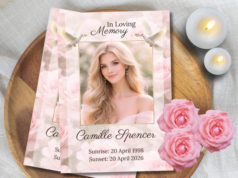 Peut inclure: Cartes de deuil avec une photo de femme, des colombes et des roses. Les cartes portent l'inscription "In Loving Memory" et le nom "Camille Spencer" avec les dates de naissance et de d&eacute;c&egrave;s. Deux bougies allum&eacute;es en arri&egrave;re-plan.