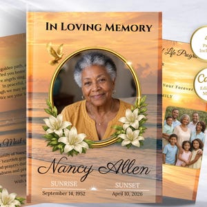 Może przedstawiać: Program pamiątkowy z tłem zachodu słońca. Okładka zawiera zdjęcie kobiety w złotej ramie, z tekstem "In Loving Memory" i imieniem "Nancy Allen". Dodatkowy tekst zawiera daty oraz "Sunrise" i "Sunset".