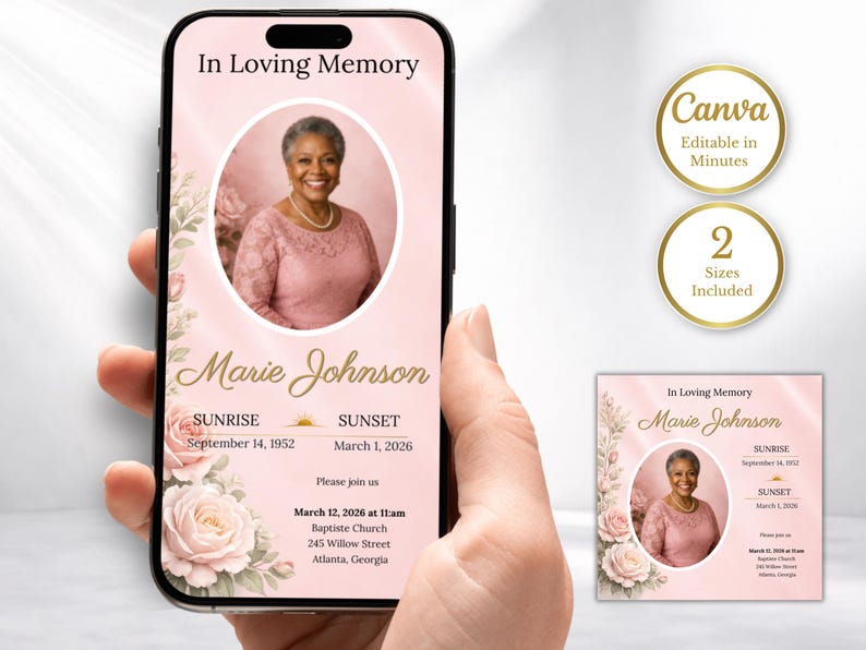Pink Funeral Invitation Template Canva Editable | Celebration of Life ...