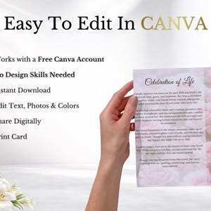 Elegant pink funeral program template with soft rose background, editable obituary template in Canva, celebration of life memorial program, bifold funeral brochure design, in memory of program with photo layout and obituary program pages.