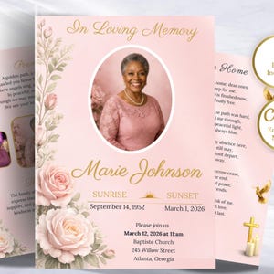May include: A pink memorial program with a photo of Marie Johnson, floral accents, and gold text. The program includes details of her life, including birth and passing dates, and an invitation to a memorial service.