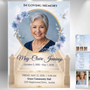 Funeral Program Template | Editable Canva Funeral Program | Memorial Program | Obituary Template | Blue Stairway Celebration of Life