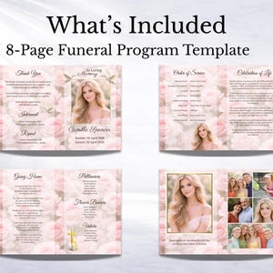 Elegant pink funeral program template with soft rose background, editable obituary template in Canva, celebration of life memorial program, bifold funeral brochure design, in memory of program with photo layout and obituary program pages.
