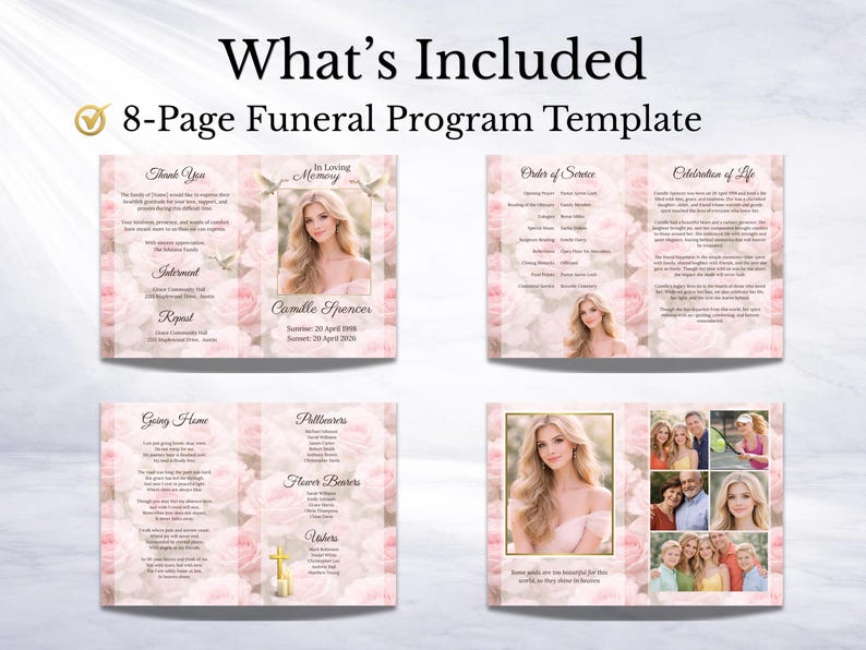 Elegant pink funeral program template with soft rose background, editable obituary template in Canva, celebration of life memorial program, bifold funeral brochure design, in memory of program with photo layout and obituary program pages.