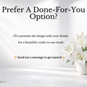 Peut inclure: Un vase blanc contenant des lys blancs, avec le texte "Pr&eacute;f&eacute;rez-vous une option cl&eacute; en main ?" et "Je personnaliserai le design avec vos d&eacute;tails pour un r&eacute;sultat magnifique et pr&ecirc;t &agrave; l'emploi." Deux bougies allum&eacute;es au premier plan.
