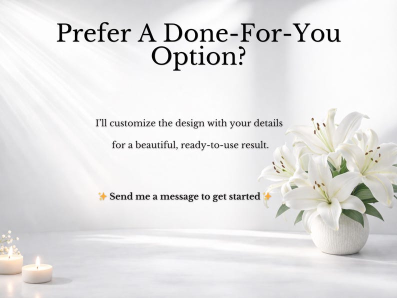 Peut inclure: Un vase blanc contenant des lys blancs, avec le texte "Pr&eacute;f&eacute;rez-vous une option cl&eacute; en main ?" et "Je personnaliserai le design avec vos d&eacute;tails pour un r&eacute;sultat magnifique et pr&ecirc;t &agrave; l'emploi." Deux bougies allum&eacute;es au premier plan.