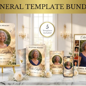 Paquete de plantillas para programas funerarios, paquete conmemorativo Gold Homegoing Canva