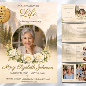 Op de afbeelding: Een uitvaartprogramma-sjabloon met een berglandschap, een cirkelvormig fotokader van een persoon en witte rozen. De tekst luidt A Celebration of Life, In Loving Memory Of, Mary Elizabeth Johnson en de data 1950-2026.