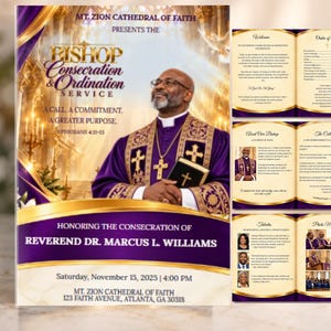 Bishop Consecration & Ordination Service Program Template, Editable Purple  Gold Church Program Template Canva