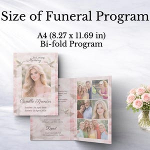 Elegant pink funeral program template with soft rose background, editable obituary template in Canva, celebration of life memorial program, bifold funeral brochure design, in memory of program with photo layout and obituary program pages.