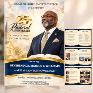 Puede incluir: Un programa para el 25º aniversario pastoral de la Greater Light Baptist Church en honor al reverendo Dr. Marcus L. Williams y la primera dama Tonya Williams, con un retrato, una iglesia y texto dorado sobre un fondo azul.