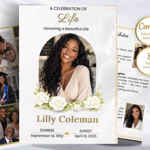 Peut inclure: Un programme commémoratif avec une photo d'une femme, des roses blanches et le texte "A Celebration of Life". Le programme comprend le nom "Lilly Coleman" et les dates "14 septembre 1952 - 10 avril 2025."