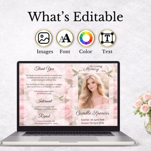 Peut inclure: Un ordinateur portable affiche une maquette de faire-part de deuil avec le texte "What's Editable". La carte comprend une photo, des &eacute;l&eacute;ments floraux et du texte, dont "In Loving Memory" et "Camille Spencer". Un vase de roses roses est &agrave; droite.