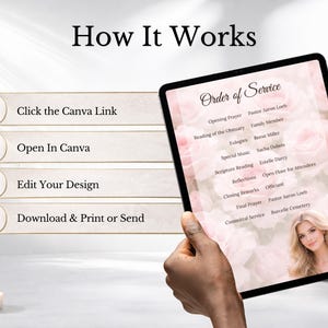 Elegant pink funeral program template with soft rose background, editable obituary template in Canva, celebration of life memorial program, bifold funeral brochure design, in memory of program with photo layout and obituary program pages.