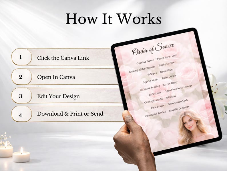 Elegant pink funeral program template with soft rose background, editable obituary template in Canva, celebration of life memorial program, bifold funeral brochure design, in memory of program with photo layout and obituary program pages.