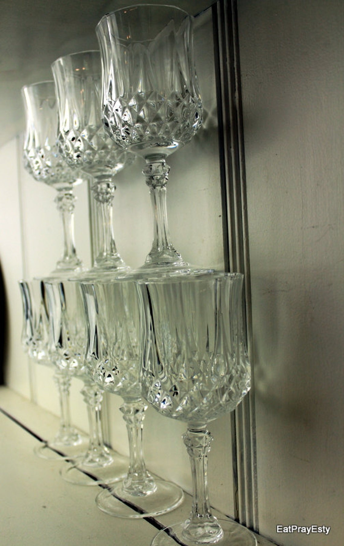 Vintage 1950 French Lead Crystal Wine Glasses Diamond Pattern Etsy