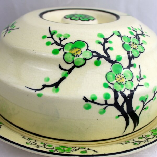 RESERVED for Brenda Moriyama Covered Plate and Lid  Cake Plate Japanese Ming Tree Green Cherry Blossom GREEN MING Tree