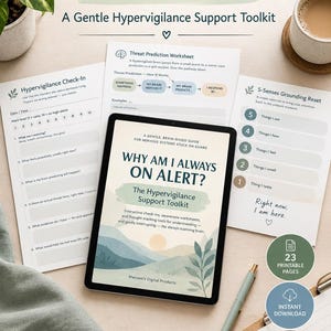 May include: A digital tablet displaying a cover page titled Why Am I Always On Alert? The Hypervigilance Support Toolkit, surrounded by printed worksheets including a Threat Prediction Worksheet, a Hypervigilance Check-In, and a 5-Senses Grounding Reset.