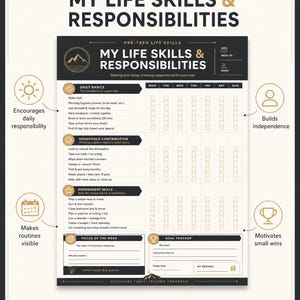 May include: A black and white printable life skills and responsibilities chart for pre-teens. The document features sections for daily basics, household contributions, independent skills, a weekly goal tracker, and a grid for tracking tasks.