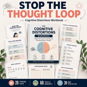 Puede incluir: Un libro de ejercicios titulado The Cognitive Distortions Workbook con una ilustración central de un cerebro dividido en mitades azul y naranja. Está rodeado de varias hojas de trabajo que incluyen un método de 3 pasos y registros de pensamientos.