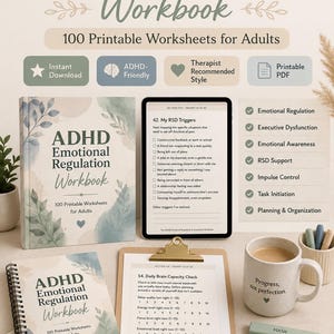 Könnte beinhalten: Ein ADHS-Arbeitsbuch zur emotionalen Regulation für Erwachsene mit 100 druckbaren Arbeitsblättern. Das Set enthält ein Buch, ein Tablet mit Aufgabe 42, ein Klemmbrett mit Aufgabe 54, einen Becher mit dem Text Progress, not perfection und Stifte.