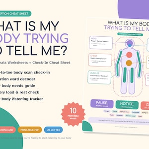 May include: An interoception cheat sheet and body signals worksheet set featuring the text What Is My Body Trying To Tell Me. The document includes a human figure diagram with color-coded zones, sensory check-in prompts, and a 10 printable pages badge.