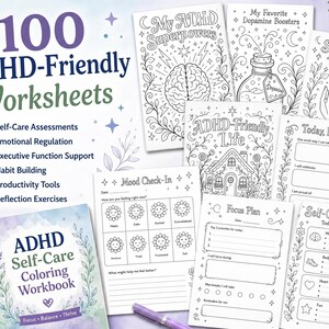 May include: A collection of 100 ADHD-Friendly Worksheets including a spiral-bound ADHD Self-Care Coloring Workbook. The pages feature black and white line art, floral borders, and text prompts for mood check-ins, focus plans, and self-care menus.