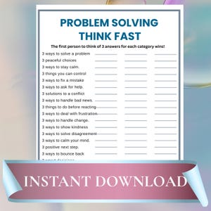 以下が含まれることがあります： PROBLEM SOLVING THINK FASTというタイトルの白い印刷可能なゲームシート。サブタイトルはThe first person to think of 3 answers for each category wins!で、問題解決タスクの16のプロンプトと回答を記入するための空の行が記載されています。