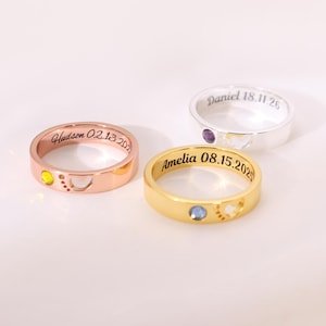 Personalized Name Date Memorial Ring • Baby Feet Ring with Birthstone • Mom Ring • Infant Child Loss • Miscarriage Jewelry•1st Birthday Gift