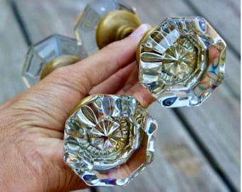 透明ガラス製ヴィンテージドアノブセット