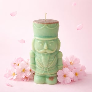 Puede incluir: Una vela de cascanueces verde menta con la parte superior marrón y una mecha blanca. La vela está rodeada de flores y pétalos de cerezo rosas sobre un fondo rosa suave. Es un artículo decorativo.