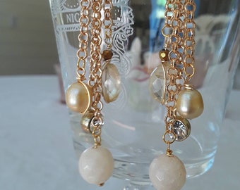Assemblage repurposed boho gypsy dangle earrings gemstone jewelry citrine pearl gold rolo rhinestone atelier paris etsy connie foster
