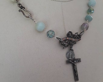 French vintage crucifix charm repurposed assemblage necklace jewelry boho Connie Foster at Atelier Paris Etsy aqua amazonite semi precious