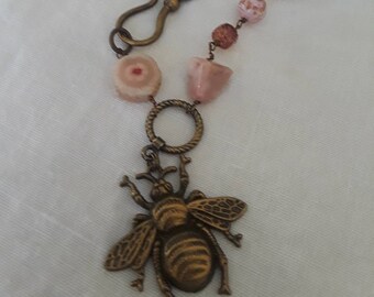 Bumblebee assemblage repurposed jewelry charm necklace murano pink glass bead opal nugget rose atelier paris on etsy connie foster paris