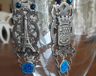 Vintage repurposed assemblage jewelry earrings French Eiffel souvenir bracelet sterling blue religious medal Connie Foster Atelier Paris