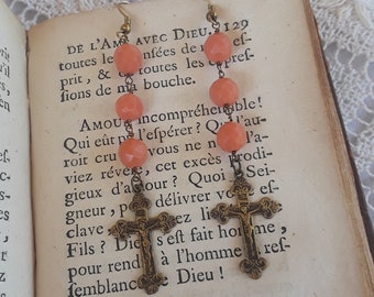 Coral dangle crucifix earrings handmade cross jewelry religious atelier Paris etsy connie Foster