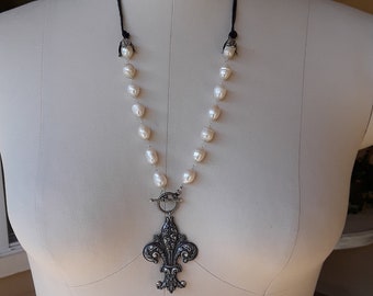 handmade assemblage jewelry necklace vintage repurposed fleur De lis pearls boho Atelier Paris on Etsy upcycled antique rosary pendant