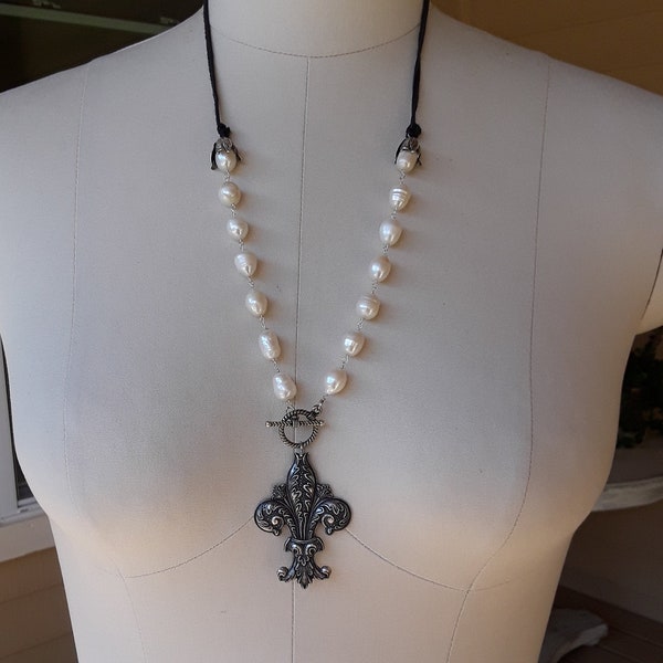 handmade assemblage jewelry necklace vintage repurposed fleur De lis pearls boho Atelier Paris on Etsy upcycled antique rosary pendant