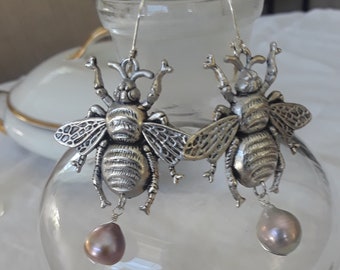 Silver Bumblebee chandelier handmade earrings with pearl assemblage repurposed Connie Foster Etsy boho
