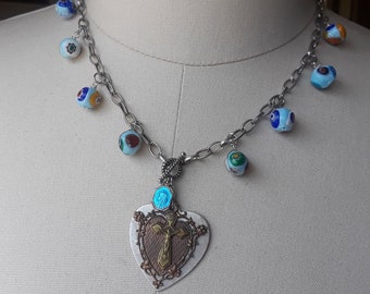 Vintage assemblage repurposed millefiori charm necklace boho jewelry religious  crucifix heart