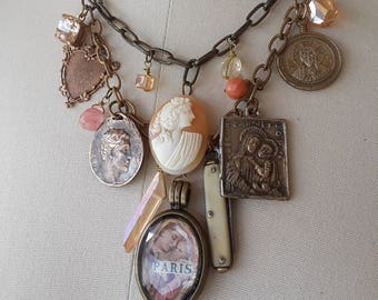 Vintage repurposed assemblage charm necklace boho jewelry french cameo locket religious antique medal Atelier Paris on Etsy bone knife heart