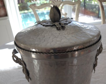 Vintage hammered aluminum insulated ice bucket mid-century barware with handles