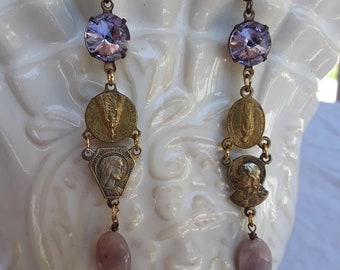 Vintage repurposed jewelry religious rosary bronze lavender rhinestone dangle earrings at Atelier Paris Etsy french boho handmade rosary