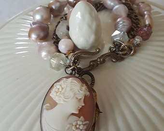 Shell hand carved cameo vintage repurposed assemblage boho french jewelry bracelet Baroque Freshwater Pearl Connie Foster Atelier Paris Etsy